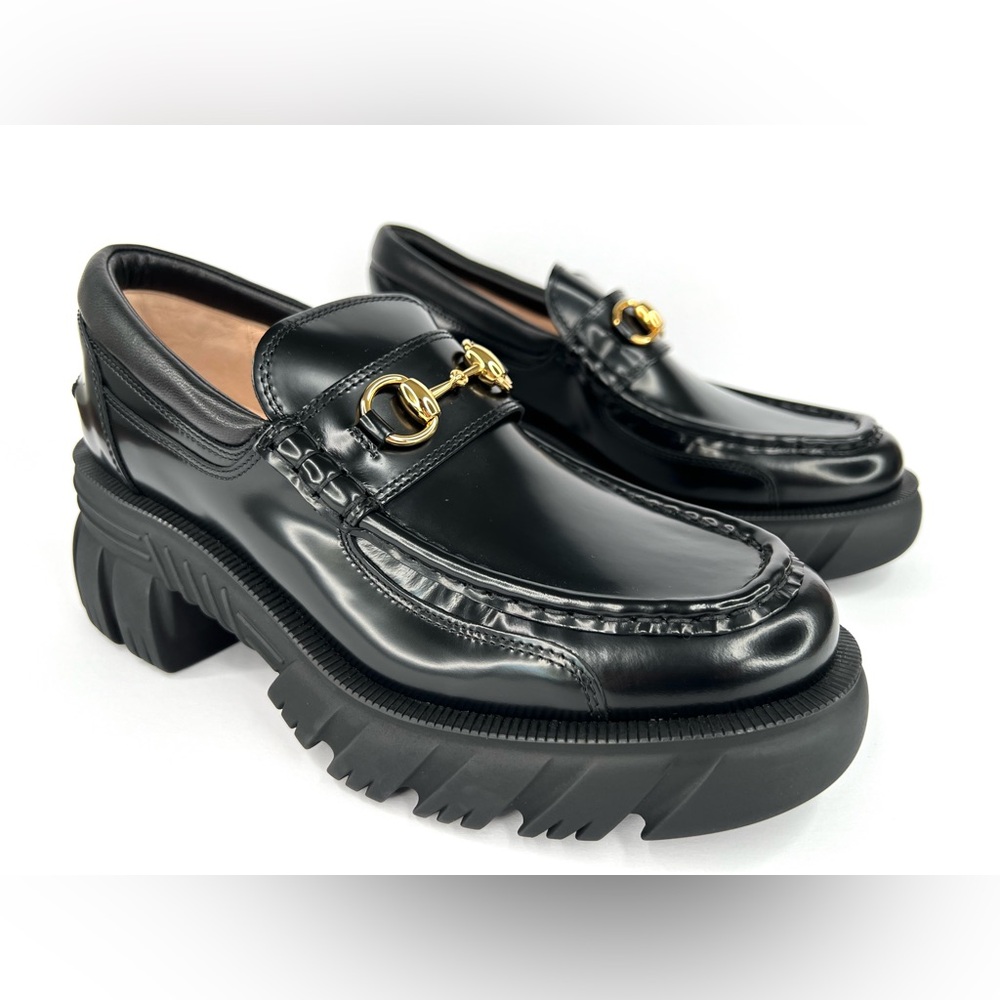 Gucci Horsebit Platform Lug Sole Black Leather Women Logo Loafers Size EU 40.5
